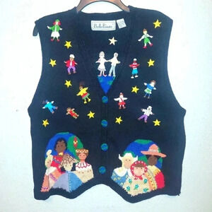 Vintage Belle Pointe Woman’s Around the World THEMED Vest. Peace On EARTH. Large